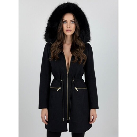 Laundry By Shelli Segal Black Wool Faux Fur Trim Hooded Coat | Cozy Quiet Luxury - Picture 9 of 16